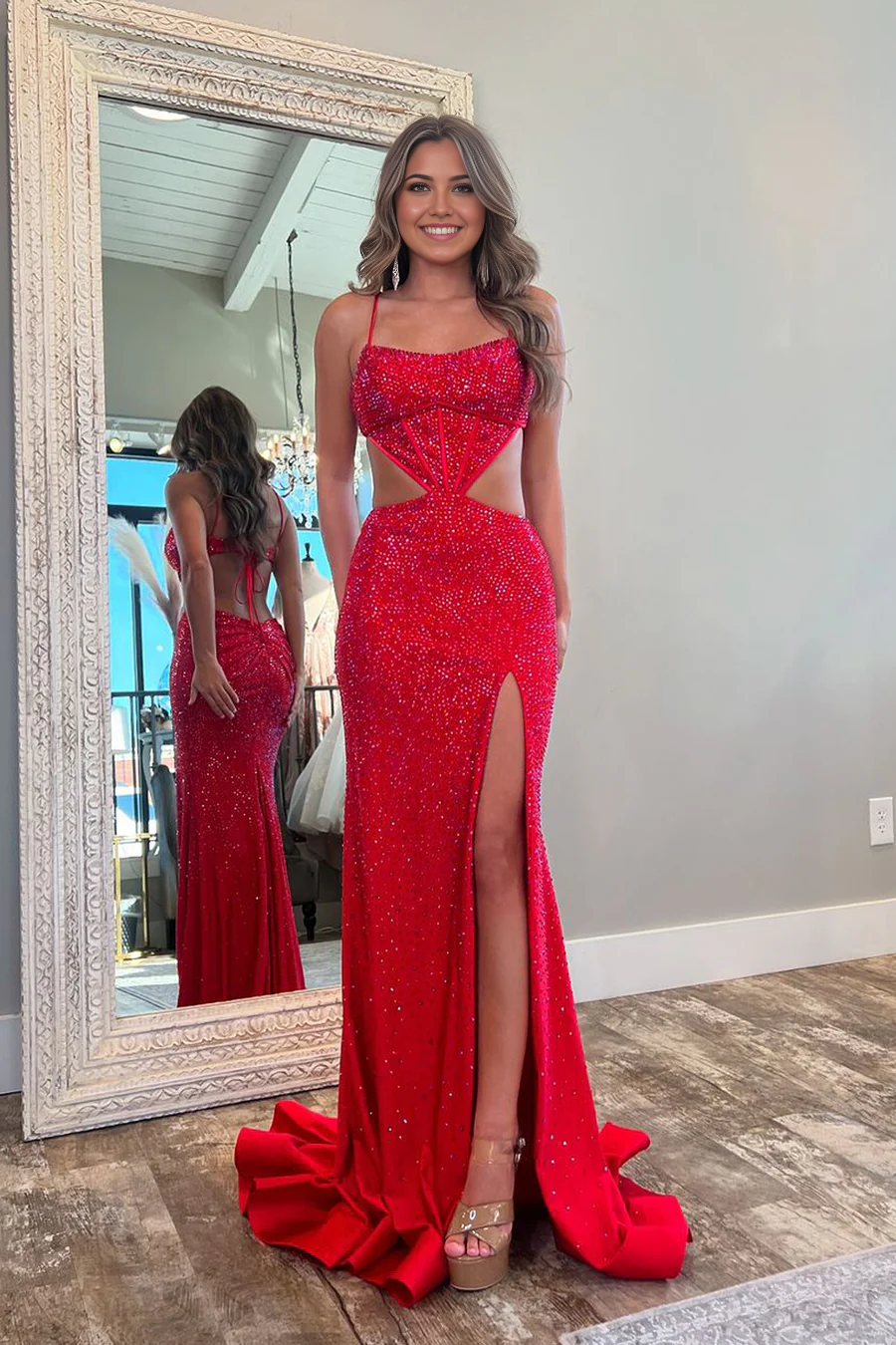 Mermaid Charming Straps Red Satin Long formal dresses evening gown Prom Dresses with Beading